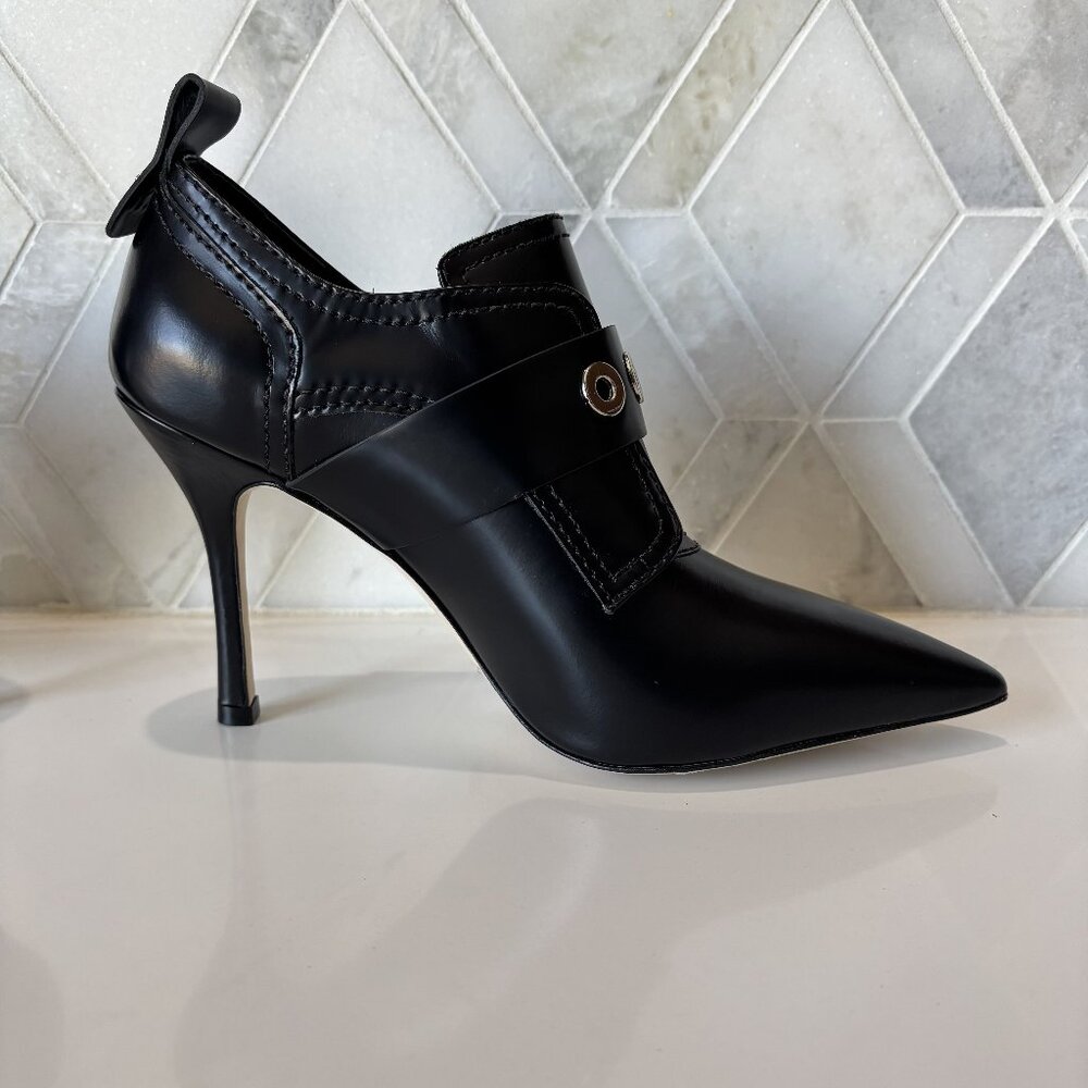 Larroude Sz 9 Black Shiny Boot Silver Buckle Stiletto Heel Heeled Stewart Bootie - Picture 4 of 11